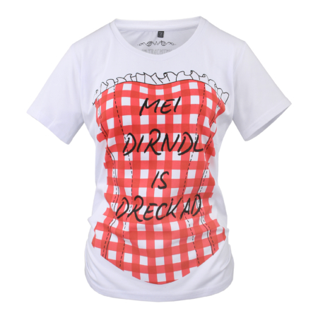 Damen Trachten T-Shirt „Mei Dirndl is Dreackad“ Baumwolle Vegan