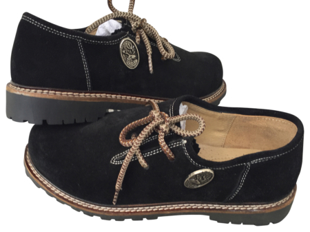 Haferlschuhe Herren Schwarz Velourleder mit Hirsch-Sticker Vorderansicht