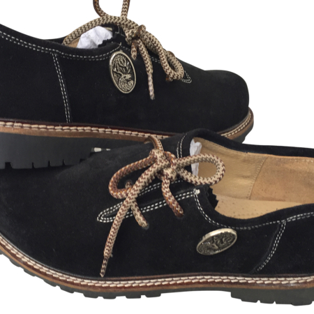 Haferlschuhe Herren Schwarz Velourleder mit Hirsch-Sticker Vorderansicht