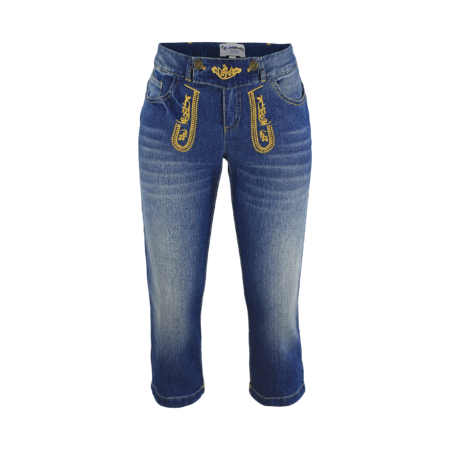Damen Trachtenjeans blau Lederhosen-Optik vegan – Frontansicht