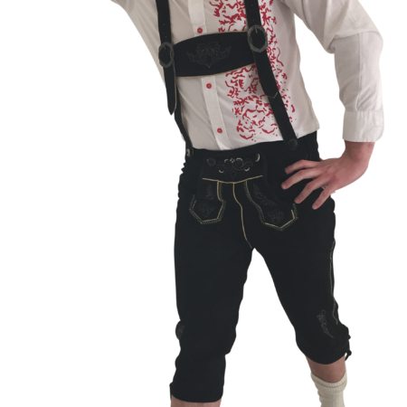 Herren Trachtenlederhose Kniebund schwarz aus echtem Leder mit Trägern