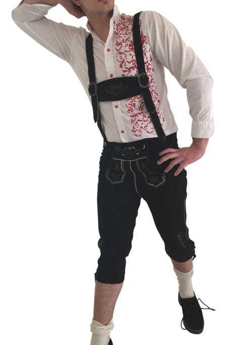 Herren Trachtenlederhose Kniebund schwarz aus echtem Leder mit Trägern