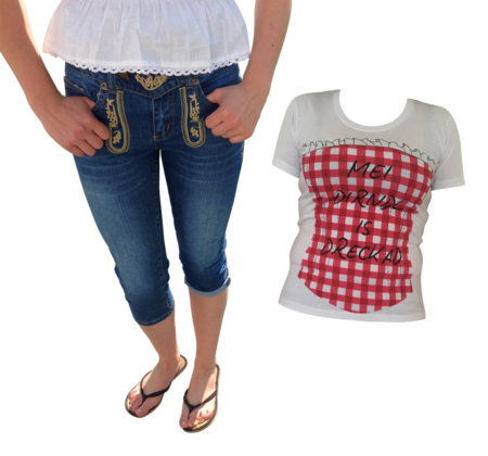 Trachten Set Damen Jeans Blau Shirt Weiß mit Spruch – Frontansicht