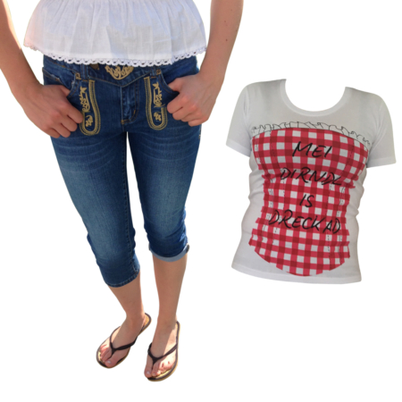 Trachten Set Damen Jeans Blau Shirt Weiß mit Spruch – Frontansicht