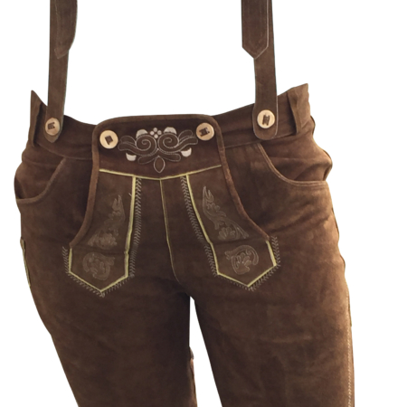 Maddox Trachtenlederhose Herren Kniebund Braun aus Ziegenvelours mit Trägern