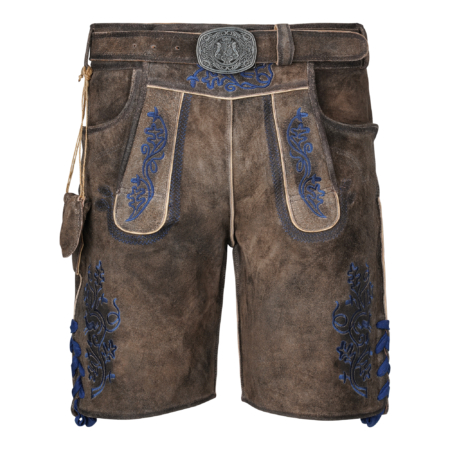 Herren Trachtenlederhose kurz Dunkelbraun mit Stickerei und Gürtel