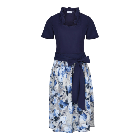 Dirndlset Damen Blau Trachtenrock & Bluse mit Schleife – Frontansicht