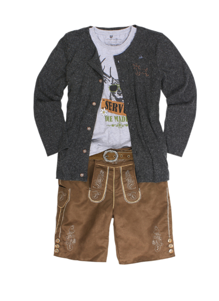 veganes trachtenset herren braun – lederhosenoptik mit gürtel & strickjacke + hemd oder shirt